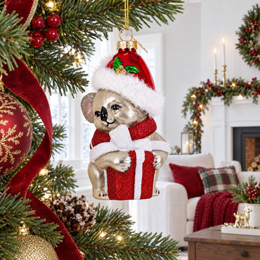 Koala with Present Glass Christmas Ornament