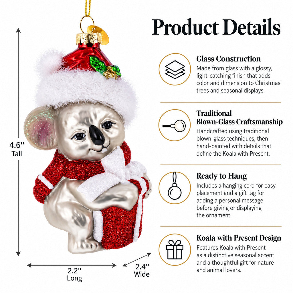 Koala with Present Glass Christmas Ornament