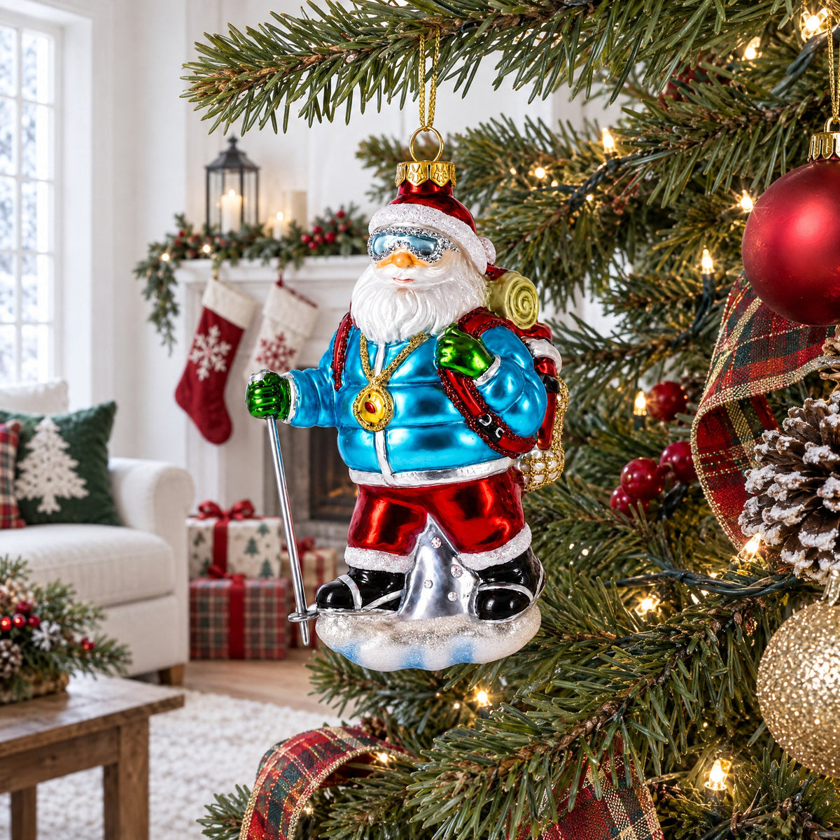 Explorer Santa with Goggles And Trekking Pole Glass Christmas Ornament