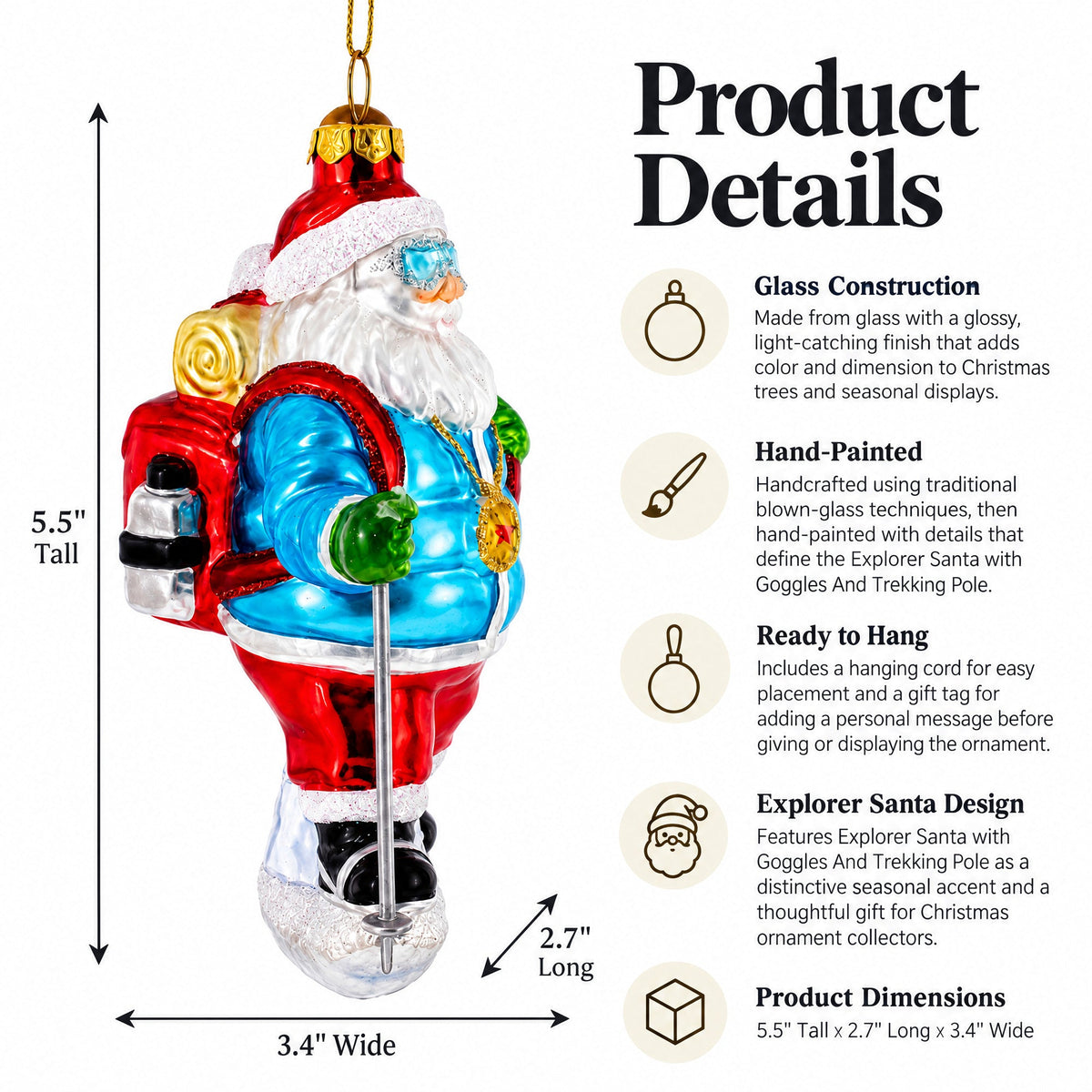 Explorer Santa with Goggles And Trekking Pole Glass Christmas Ornament
