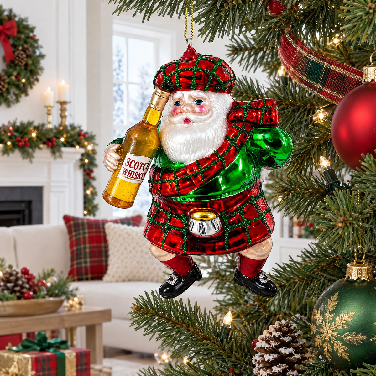 Scottish Kilt Santa with Whiskey Glass Christmas Ornament
