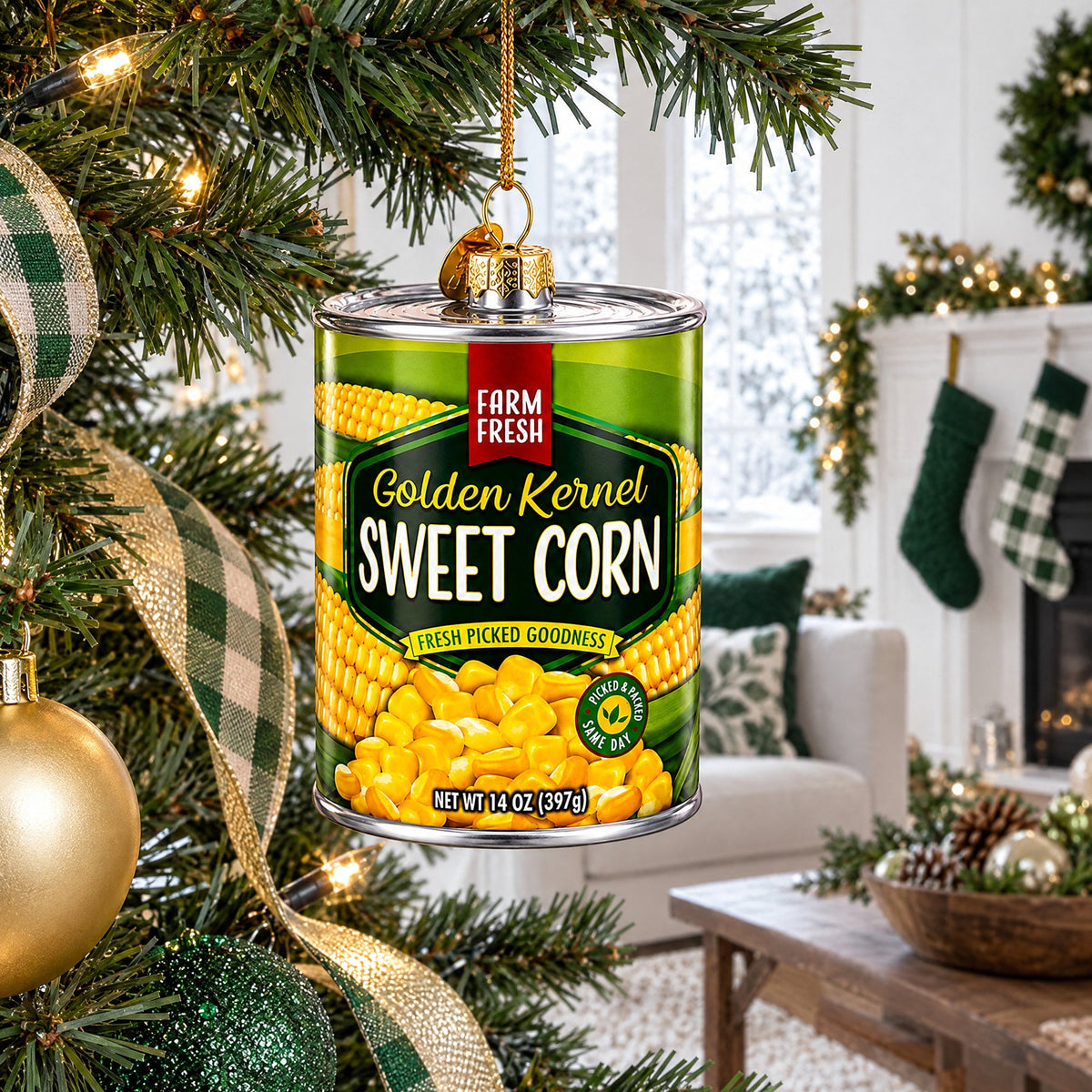 Golden Kernel Sweet Corn Can Glass Christmas Ornament