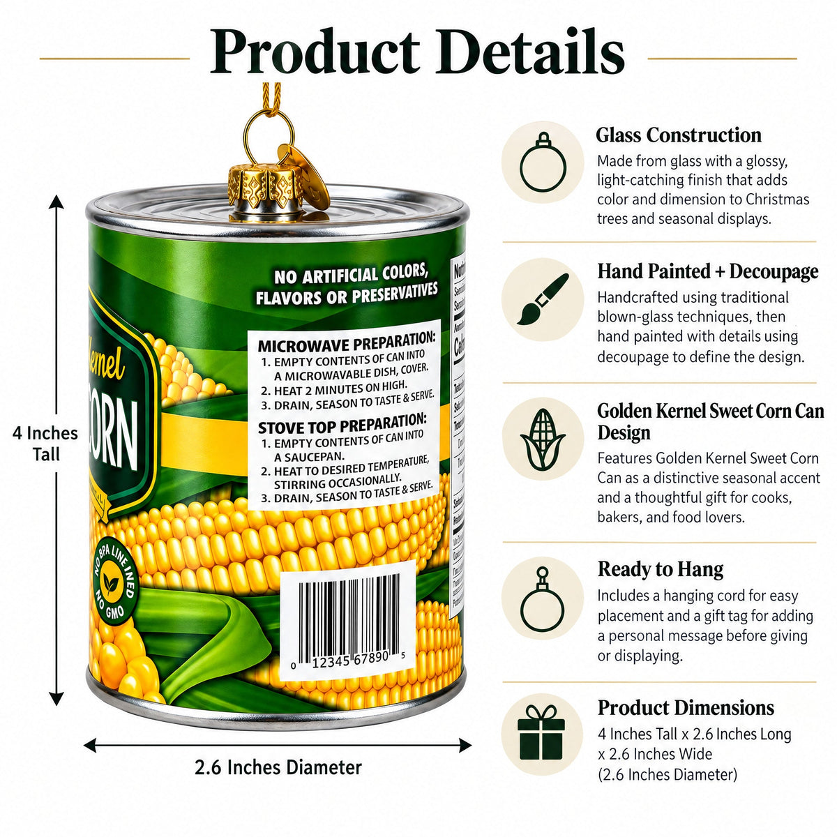 Golden Kernel Sweet Corn Can Glass Christmas Ornament