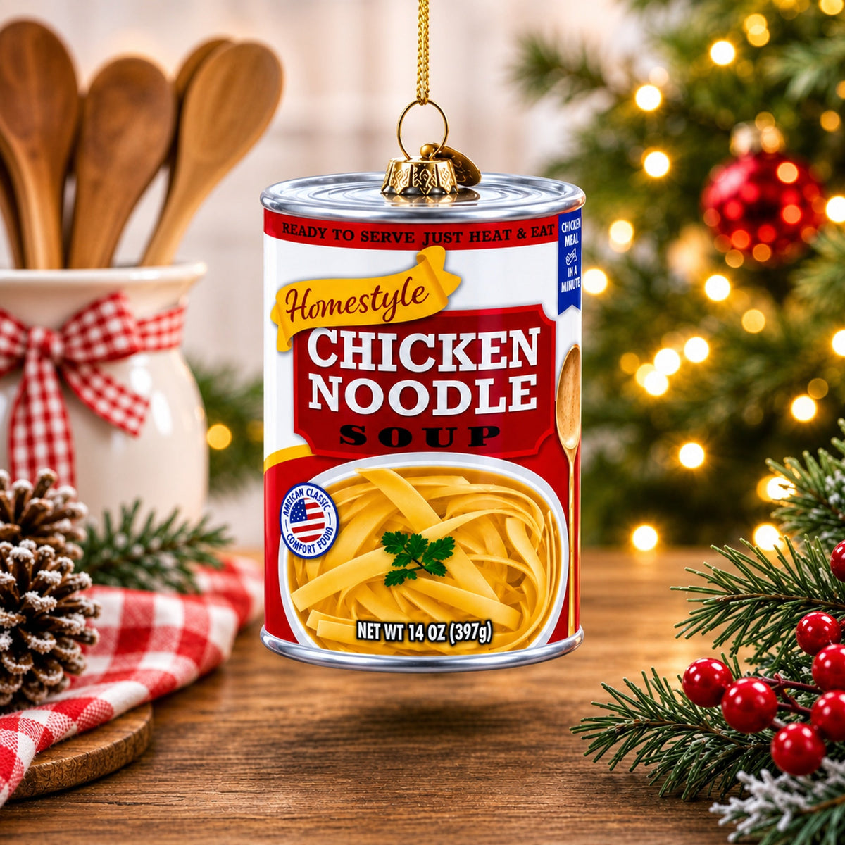 Chicken Noodle Soup Can Glass Christmas Ornament