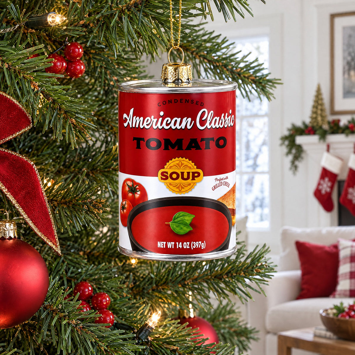 Tomato Soup Can Glass Christmas Ornament