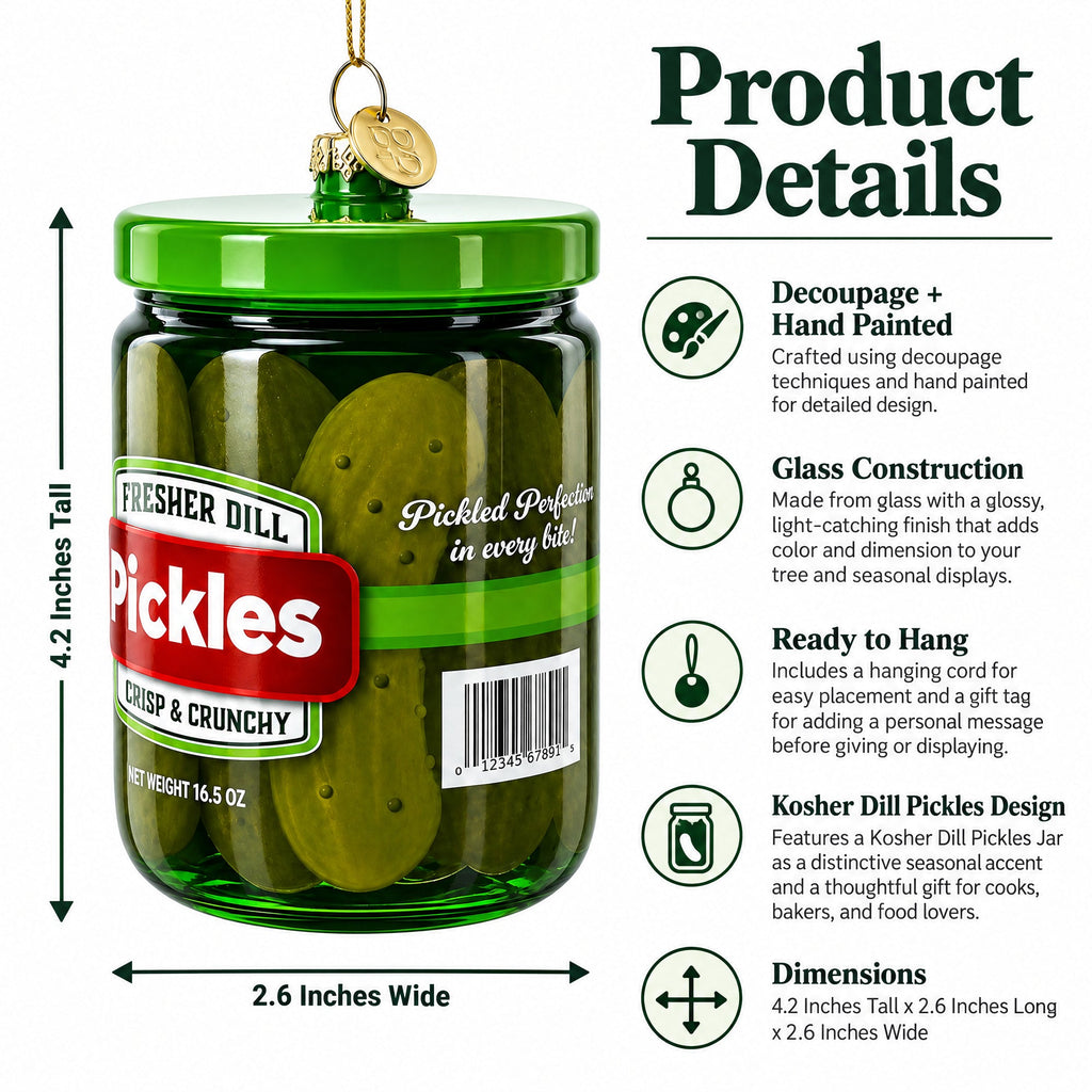 Kosher Dill Pickles Jar Glass Christmas Ornament