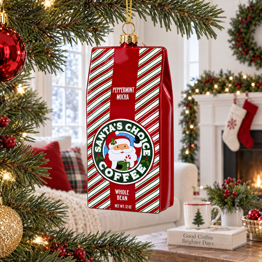 Santa’s Choice Coffee Bag Glass Christmas Ornament
