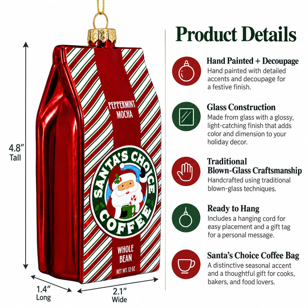 Santa’s Choice Coffee Bag Glass Christmas Ornament