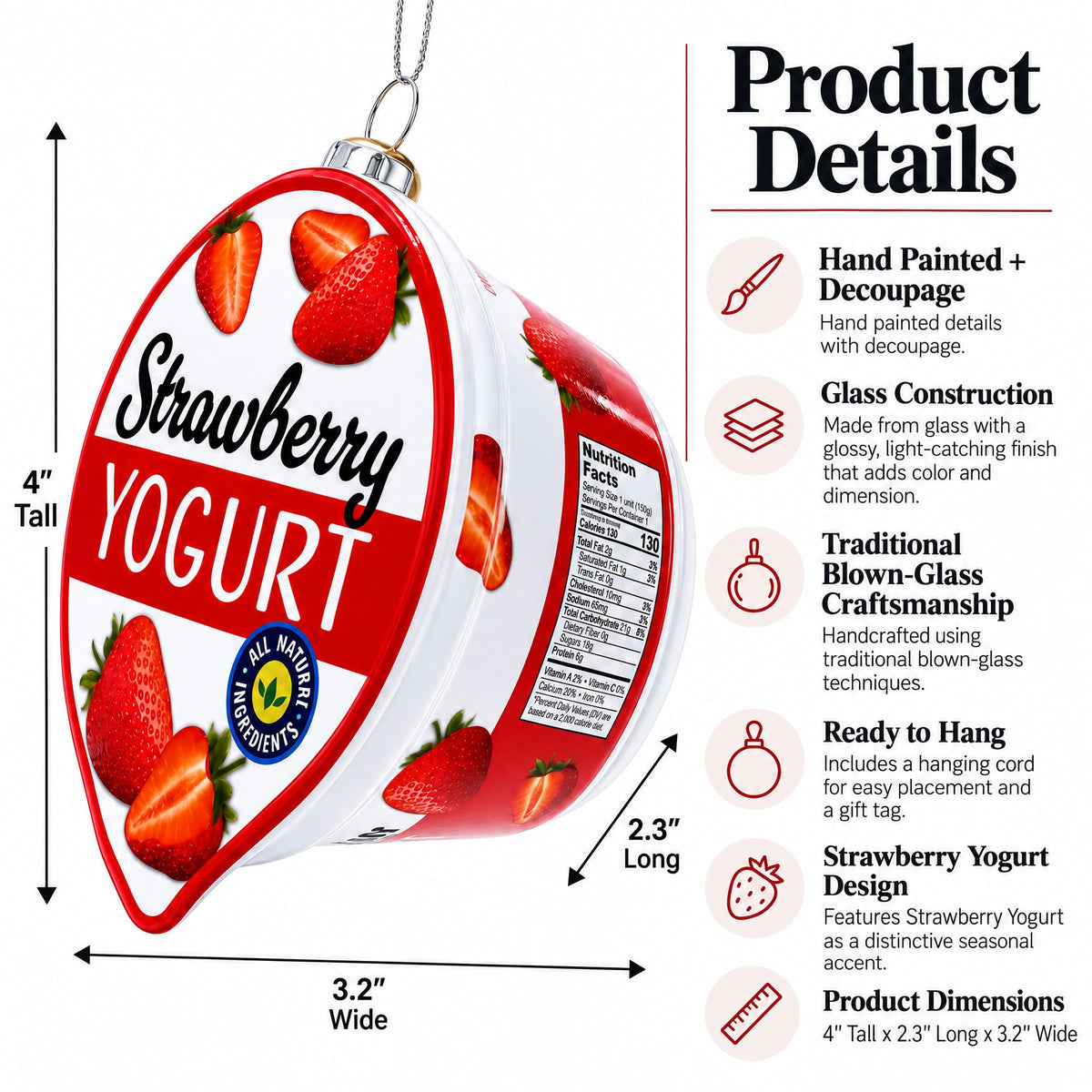 Strawberry Yogurt Glass Christmas Ornament