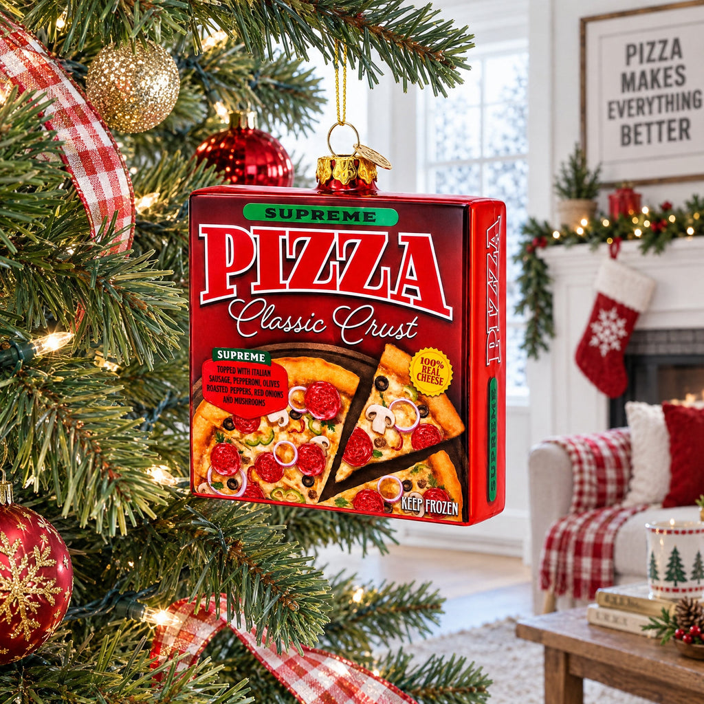 Supreme Pizza Box Glass Christmas Ornament