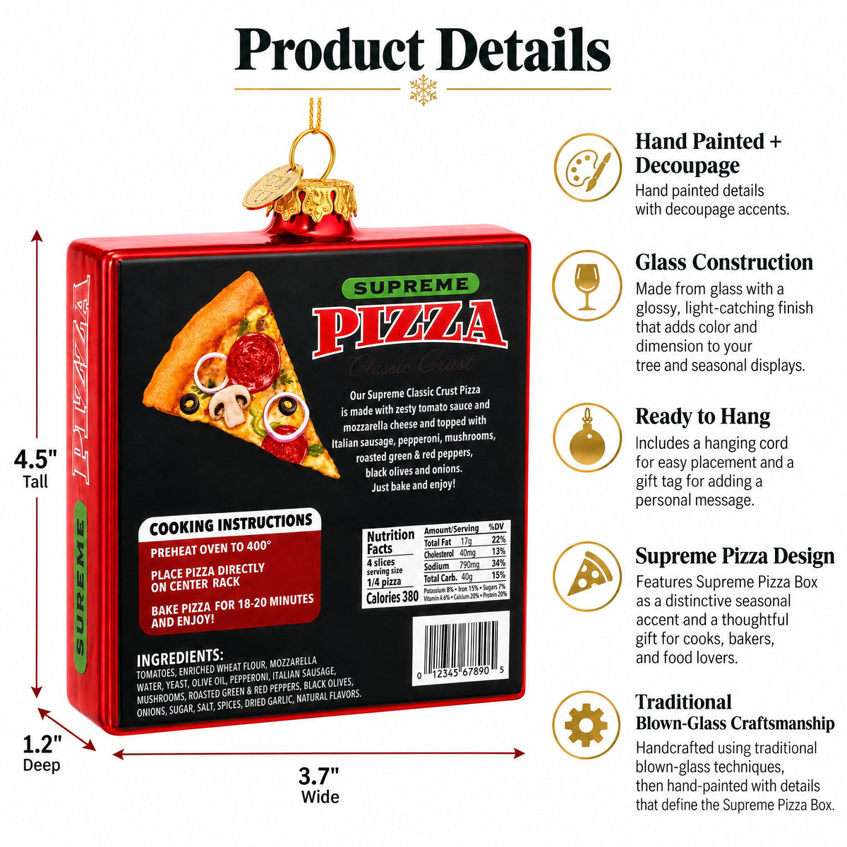 Supreme Pizza Box Glass Christmas Ornament