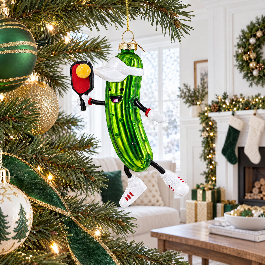 Pickle Themed Pickleball Glass Christmas Ornament