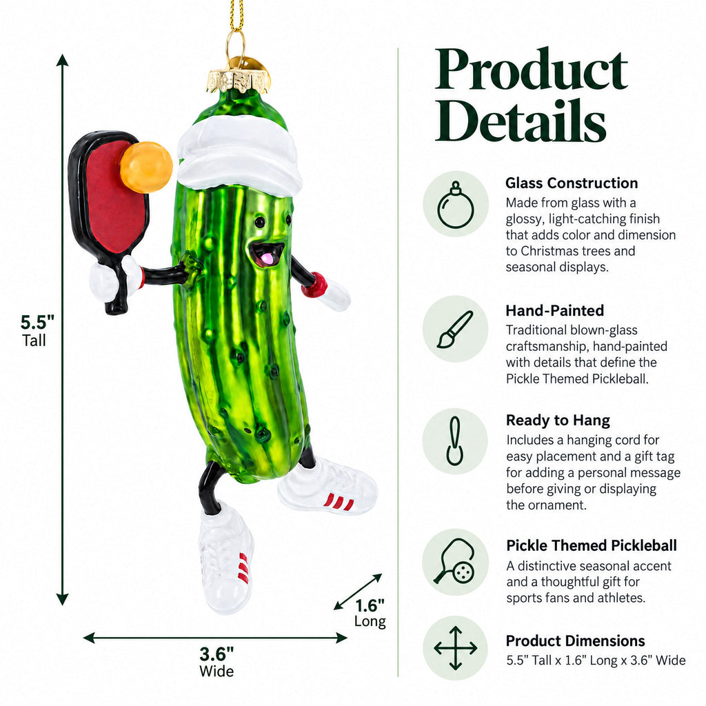 Pickle Themed Pickleball Glass Christmas Ornament