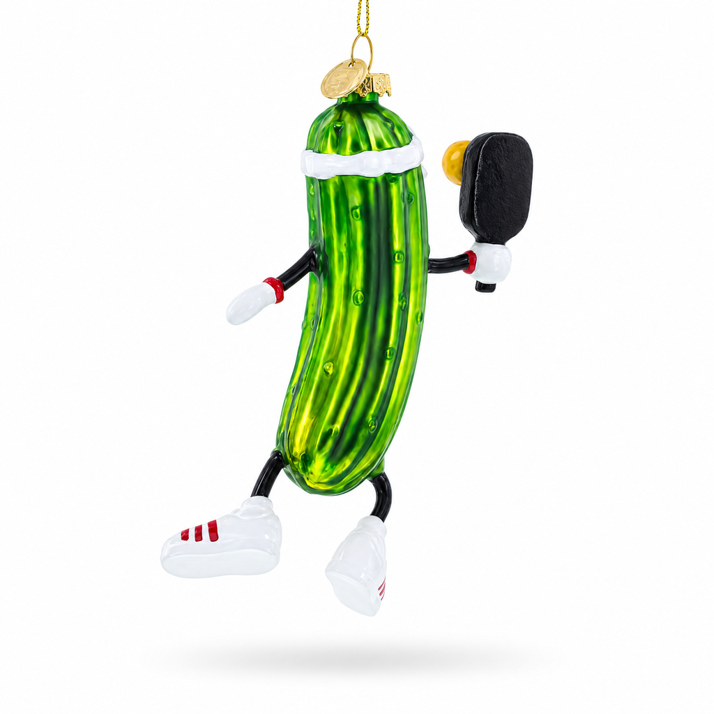 Pickle Themed Pickleball Glass Christmas Ornament