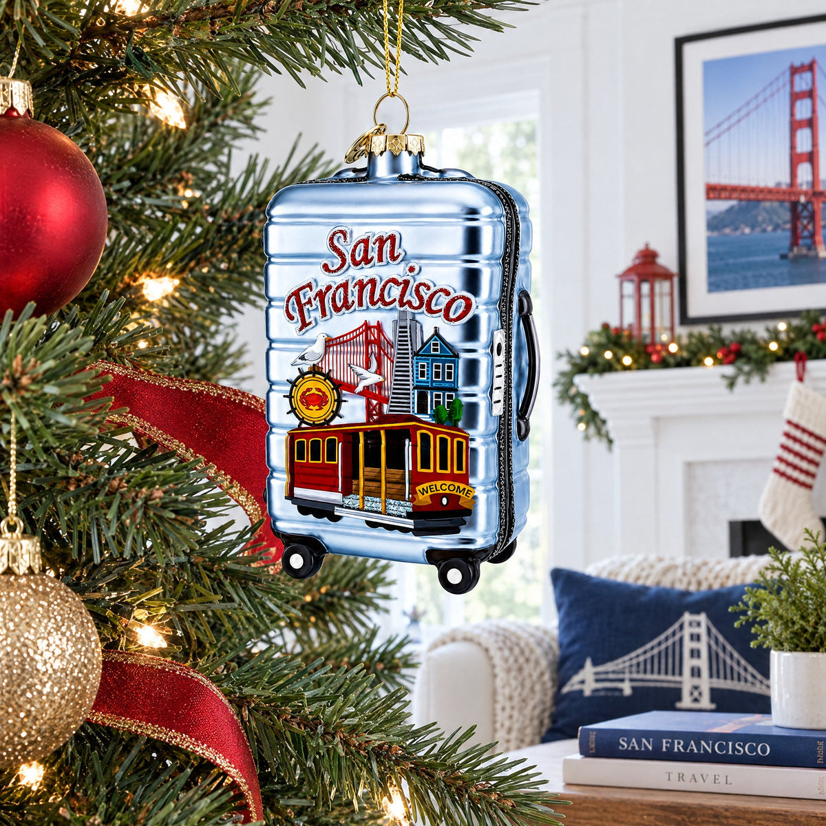 San Francisco Landmarks Suitcase Glass Christmas Ornament