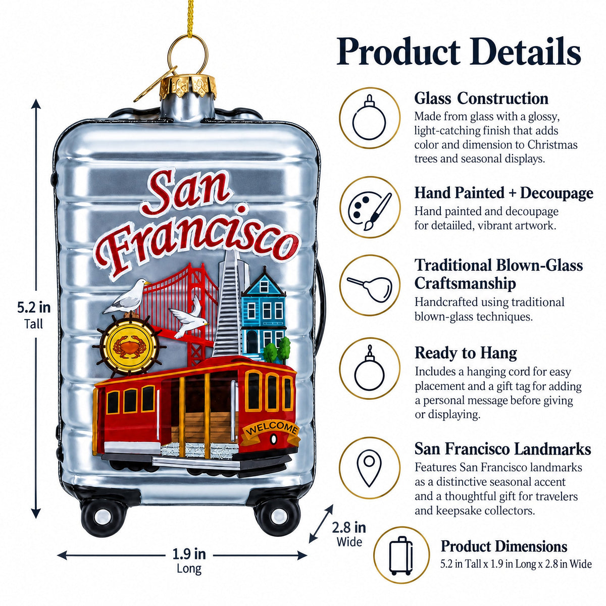 San Francisco Landmarks Suitcase Glass Christmas Ornament