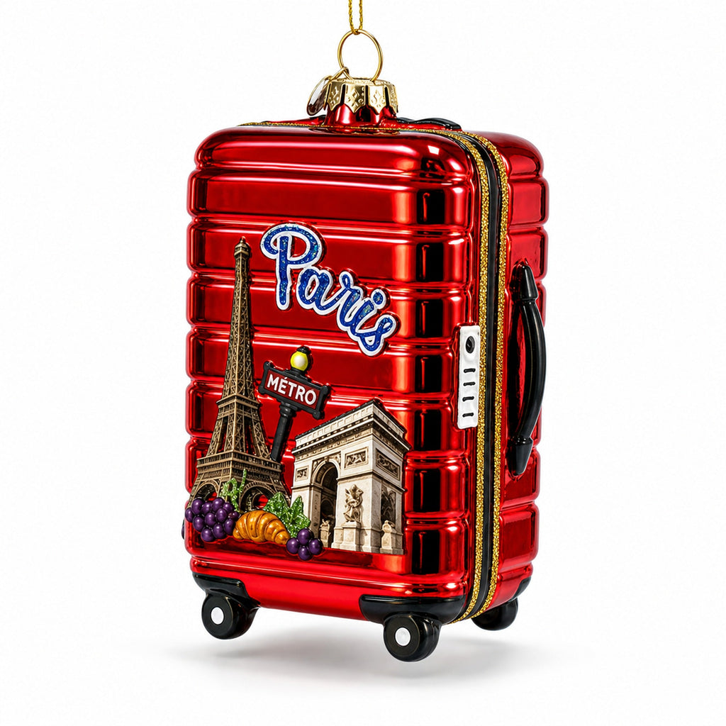 Paris Landmarks Suitcase Glass Christmas Ornament