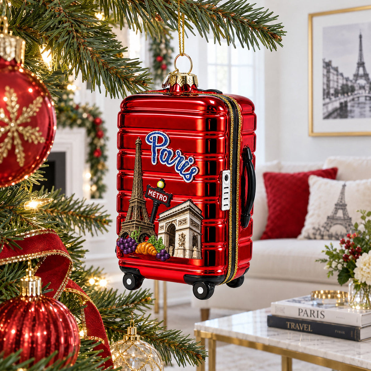 Paris Landmarks Suitcase Glass Christmas Ornament