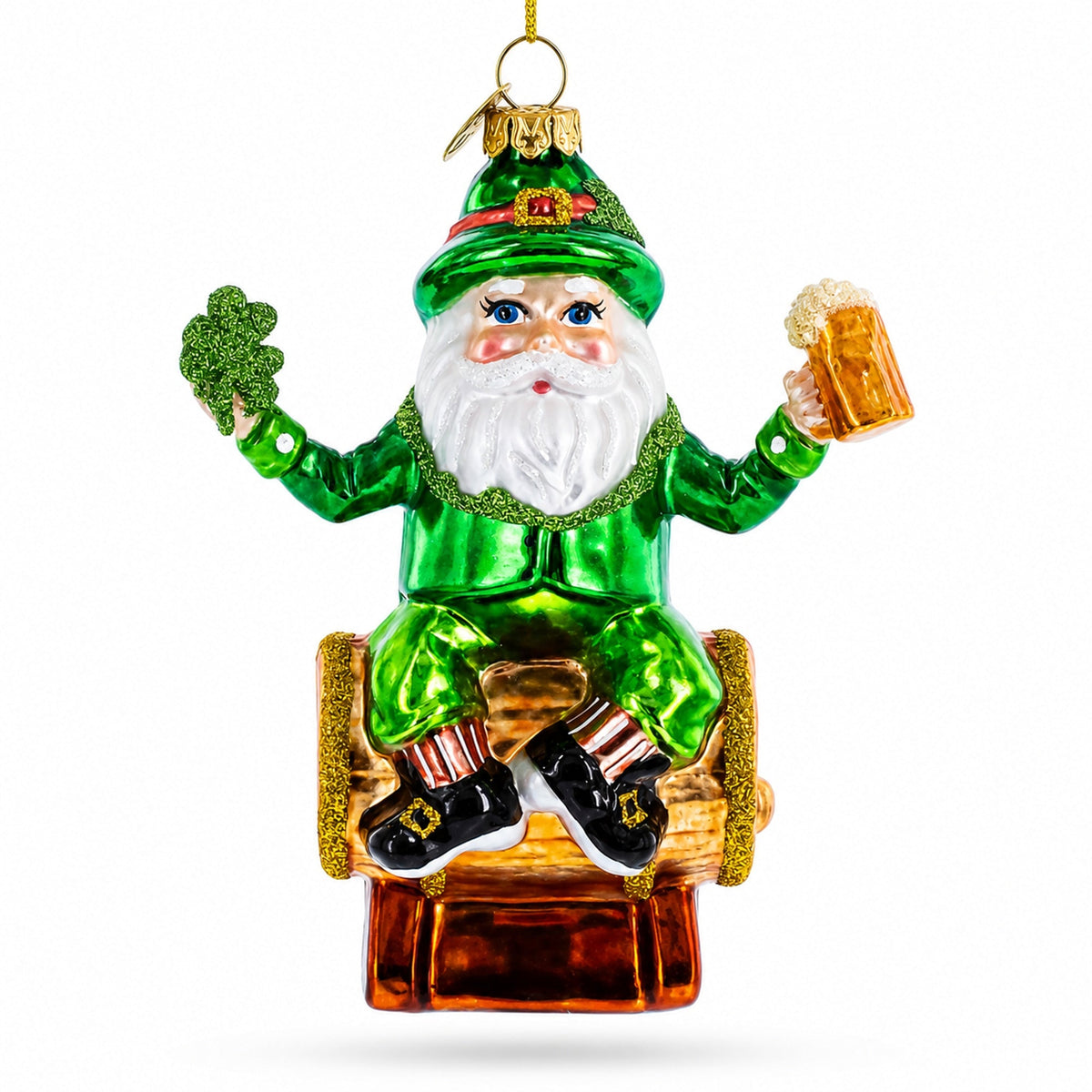 Irish Leprechaun Gnome Santa Holding Beer and Shamrock Glass Christmas Ornament