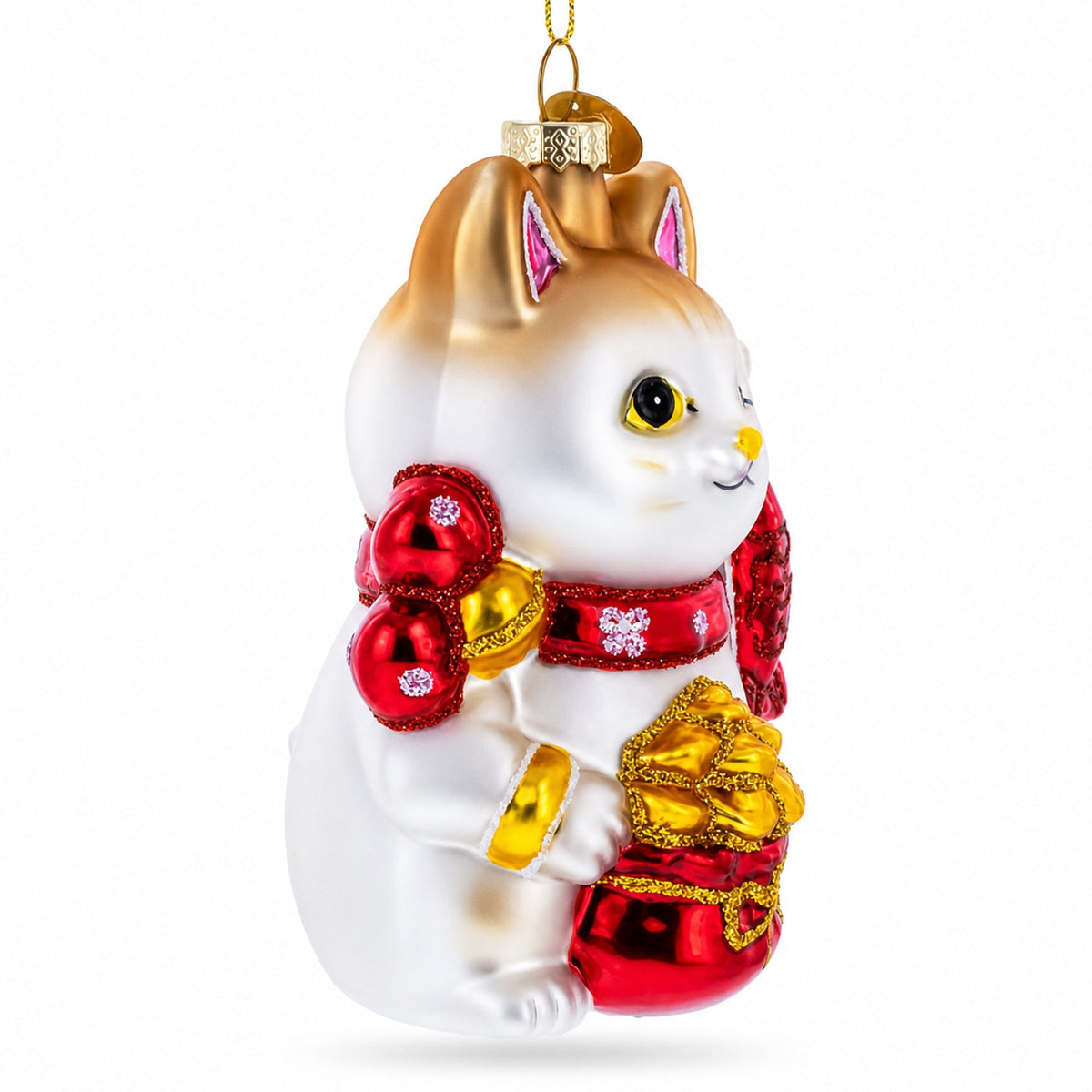 Lucky Maneki Neko Fortune Cat with Gold Coins Glass Christmas Ornament