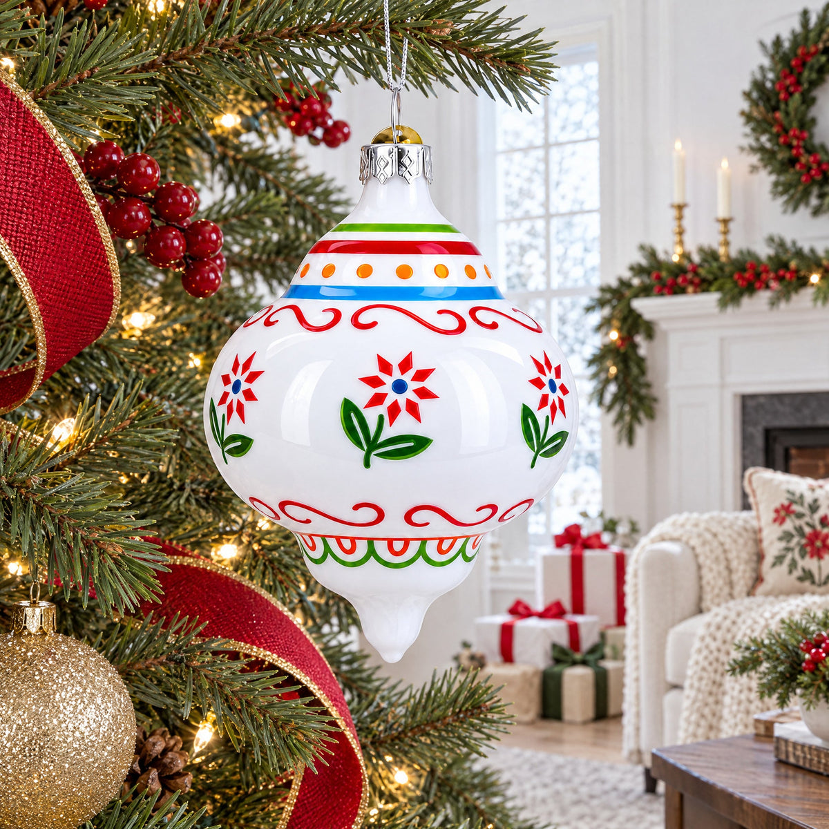 Finial with Floral Pattern Glass Christmas Ornament