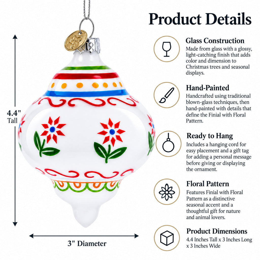 Finial with Floral Pattern Glass Christmas Ornament