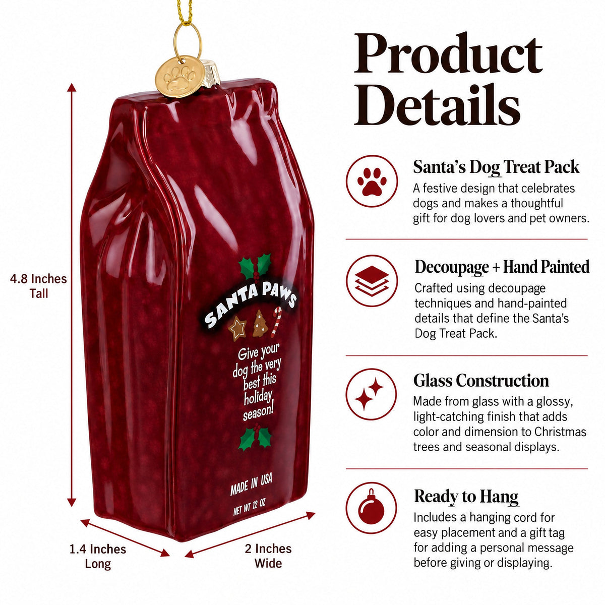 Santa's Dog Treat Pack Glass Christmas Ornament