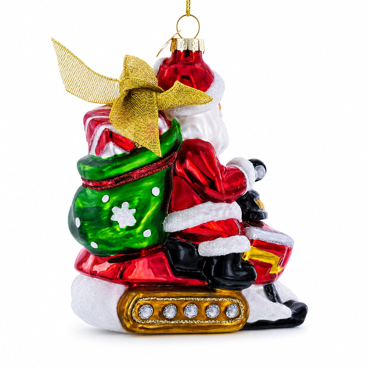 Santa Delivering Gifts on a Snowmobile Glass Christmas Ornament