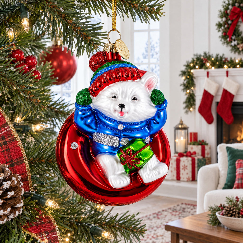 Puppy on Snow Tube Glass Christmas Ornament