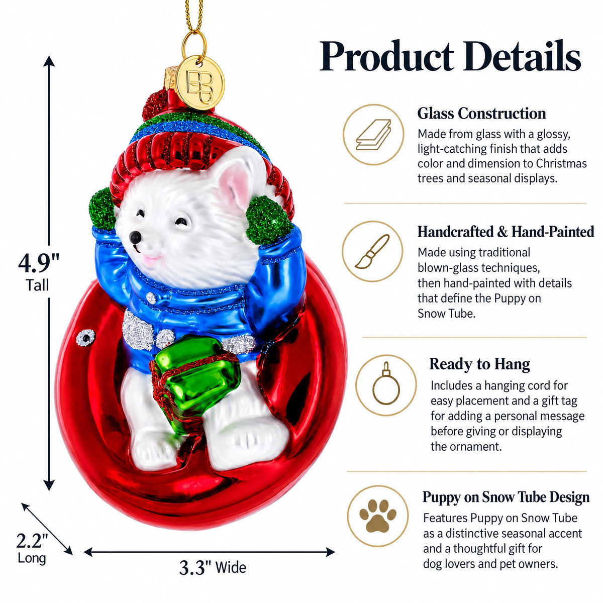 Puppy on Snow Tube Glass Christmas Ornament