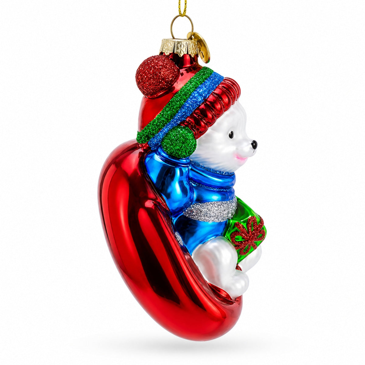 Puppy on Snow Tube Glass Christmas Ornament