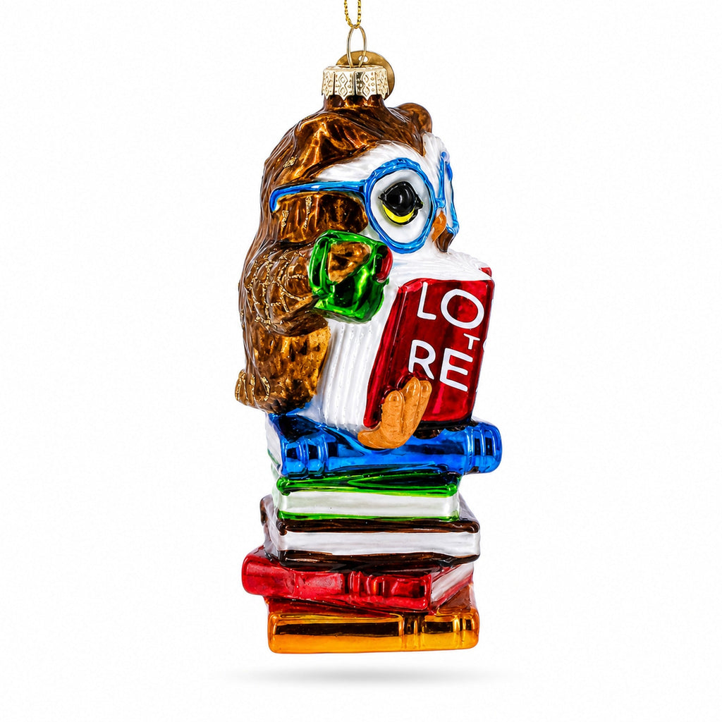 Love to Read Wise Owl with Books Glass Christmas Ornament