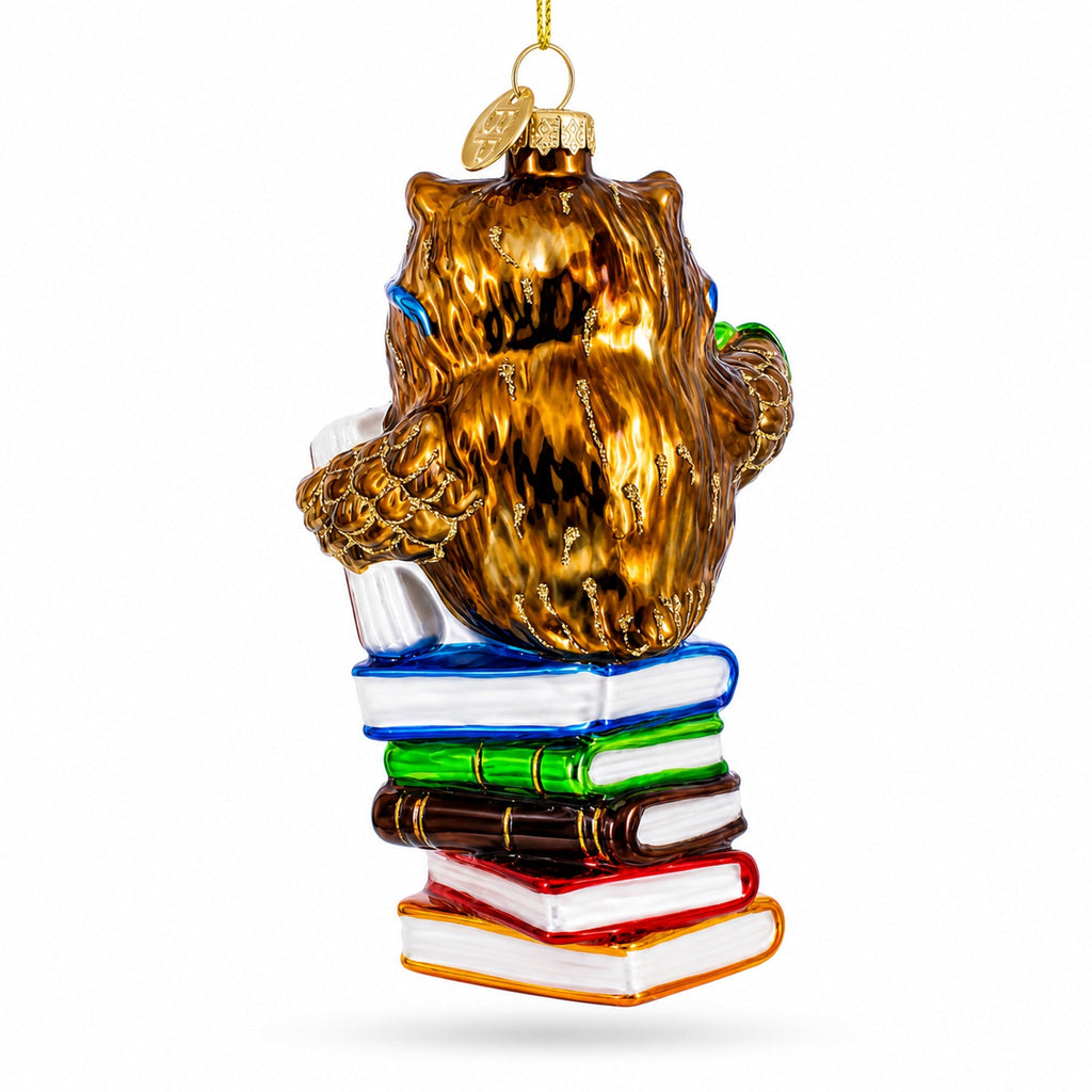Love to Read Wise Owl with Books Glass Christmas Ornament