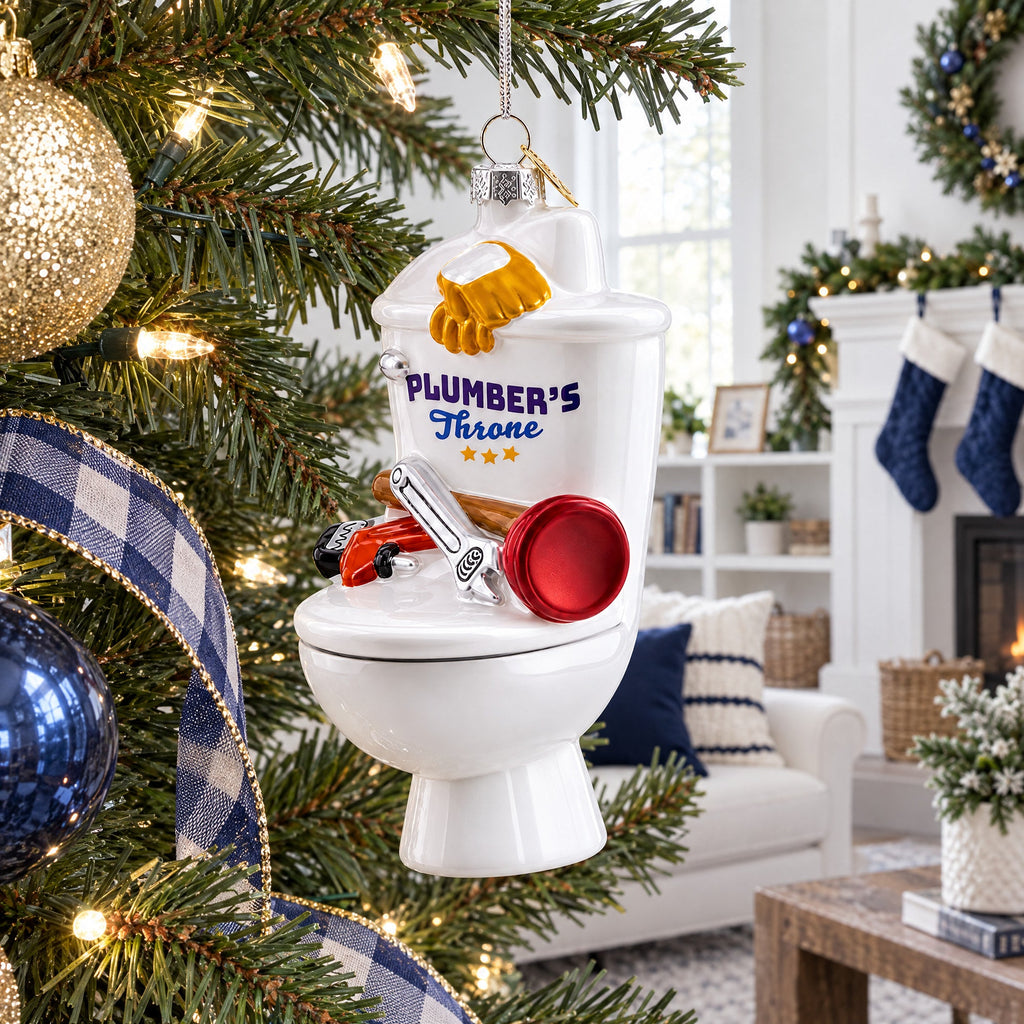 Fix It Plumber Throne with Plunger and Wrench Glass Christmas Ornament
