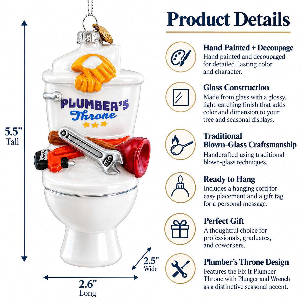 Fix It Plumber Throne with Plunger and Wrench Glass Christmas Ornament