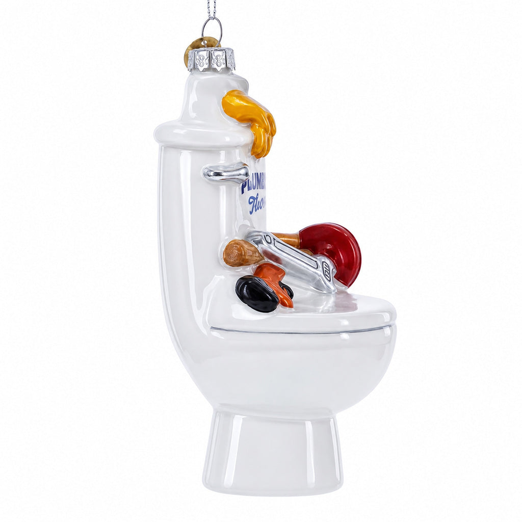 Fix It Plumber Throne with Plunger and Wrench Glass Christmas Ornament