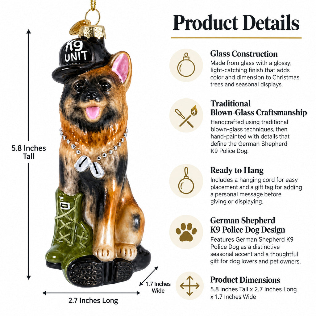 German Shepherd K9 Police Dog Glass Christmas Ornament