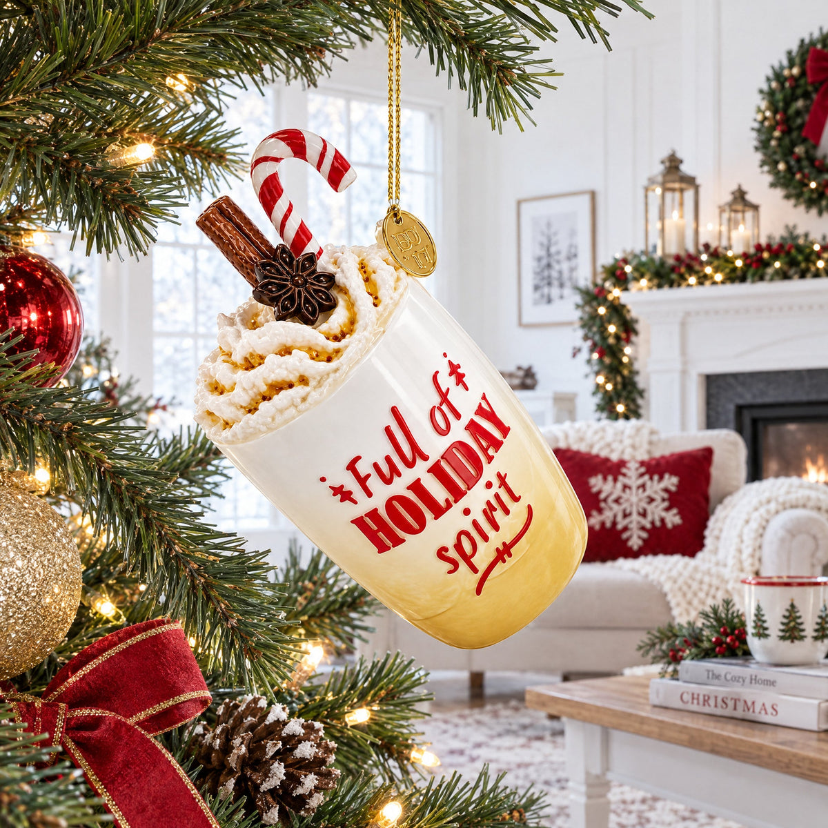 Whipped Cream Holiday Spirit Cocktail with Candy Cane Glass Christmas Ornament