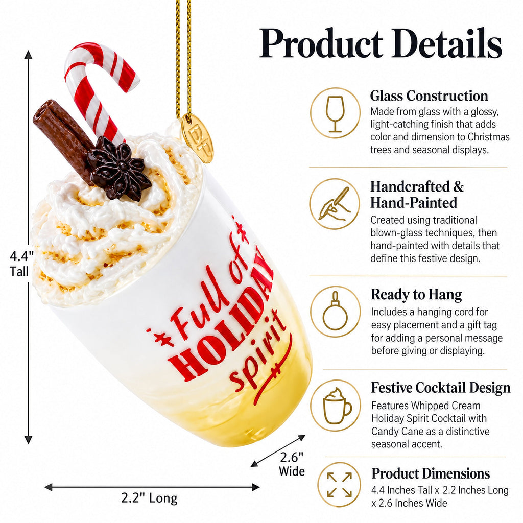 Whipped Cream Holiday Spirit Cocktail with Candy Cane Glass Christmas Ornament