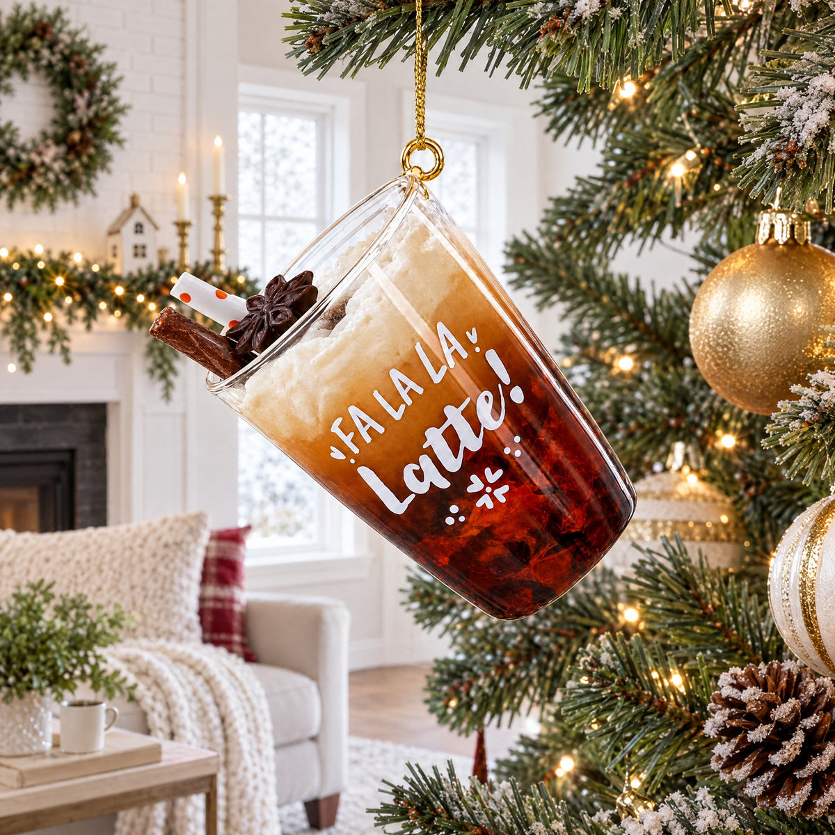 Whipped Latte Holiday Drink with Cinnamon Stick Glass Christmas Ornament