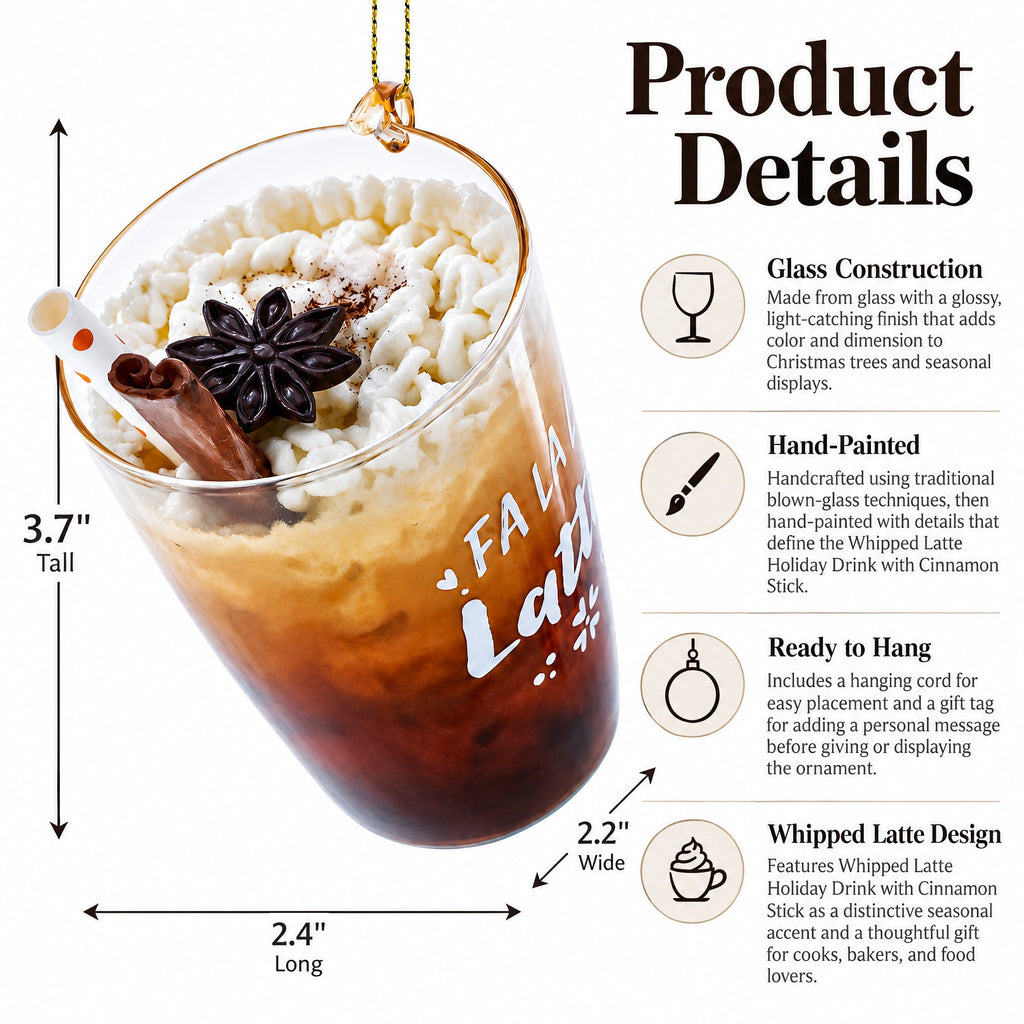 Whipped Latte Holiday Drink with Cinnamon Stick Glass Christmas Ornament