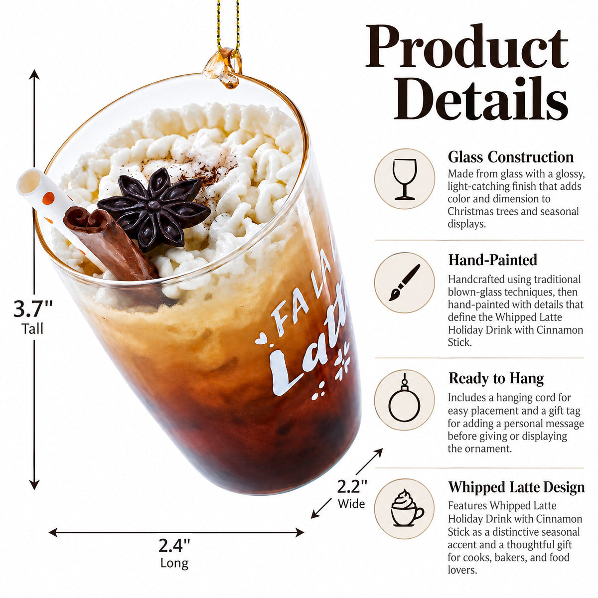 Whipped Latte Holiday Drink with Cinnamon Stick Glass Christmas Ornament