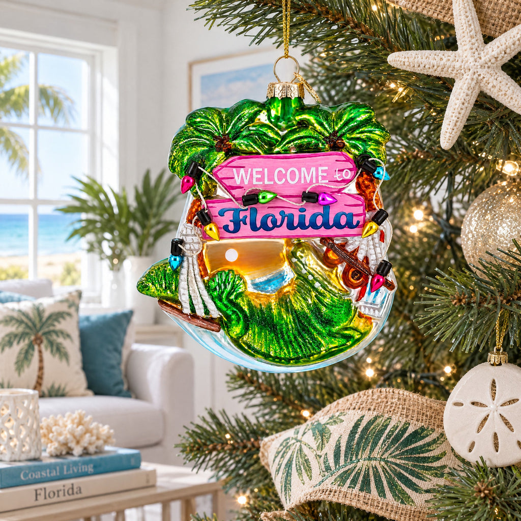 Florida Palm Tree Welcome Sign Glass Christmas Ornament