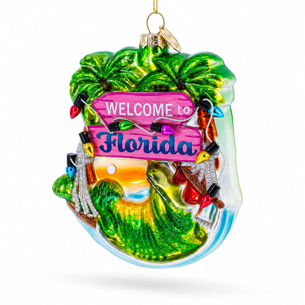 Florida Palm Tree Welcome Sign Glass Christmas Ornament
