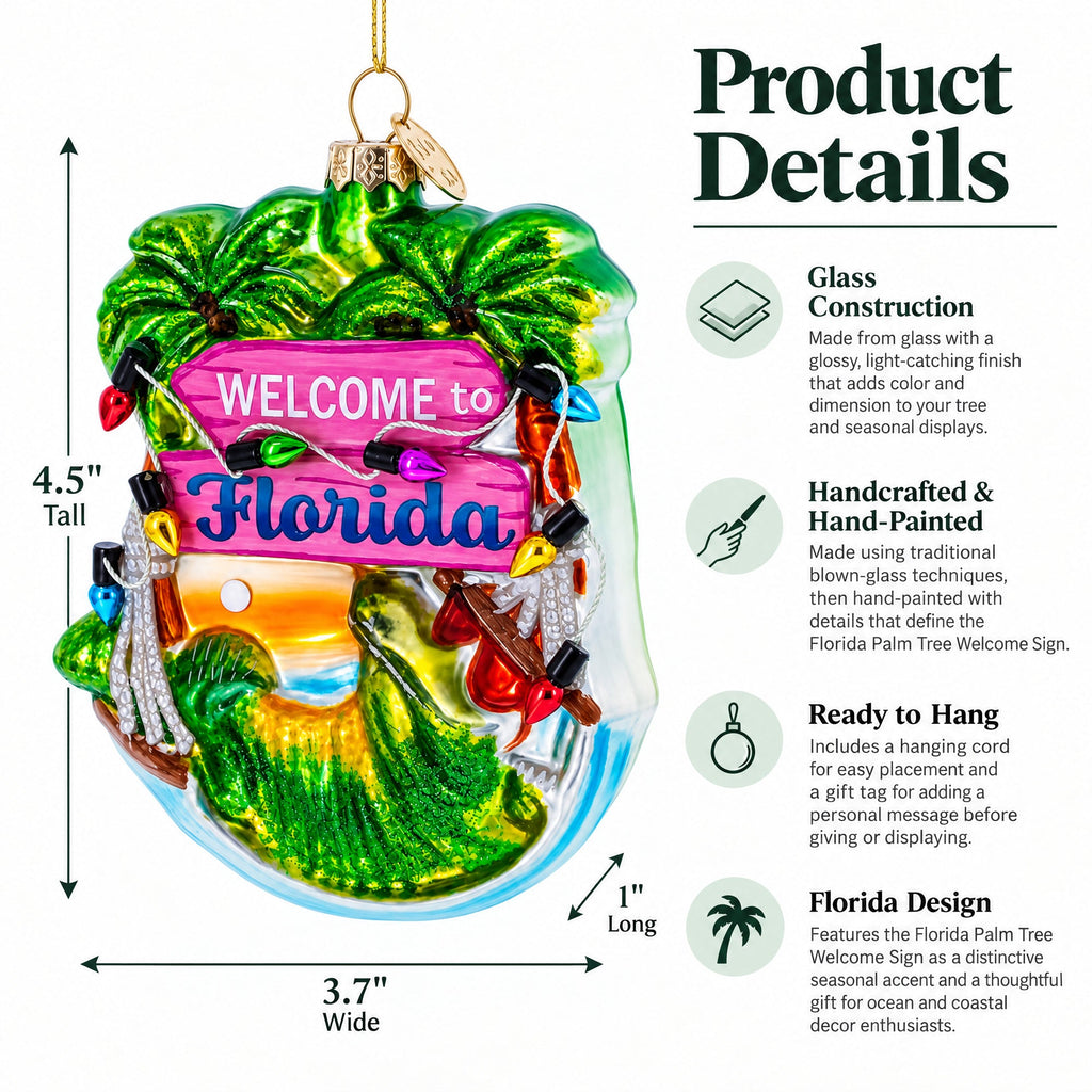 Florida Palm Tree Welcome Sign Glass Christmas Ornament