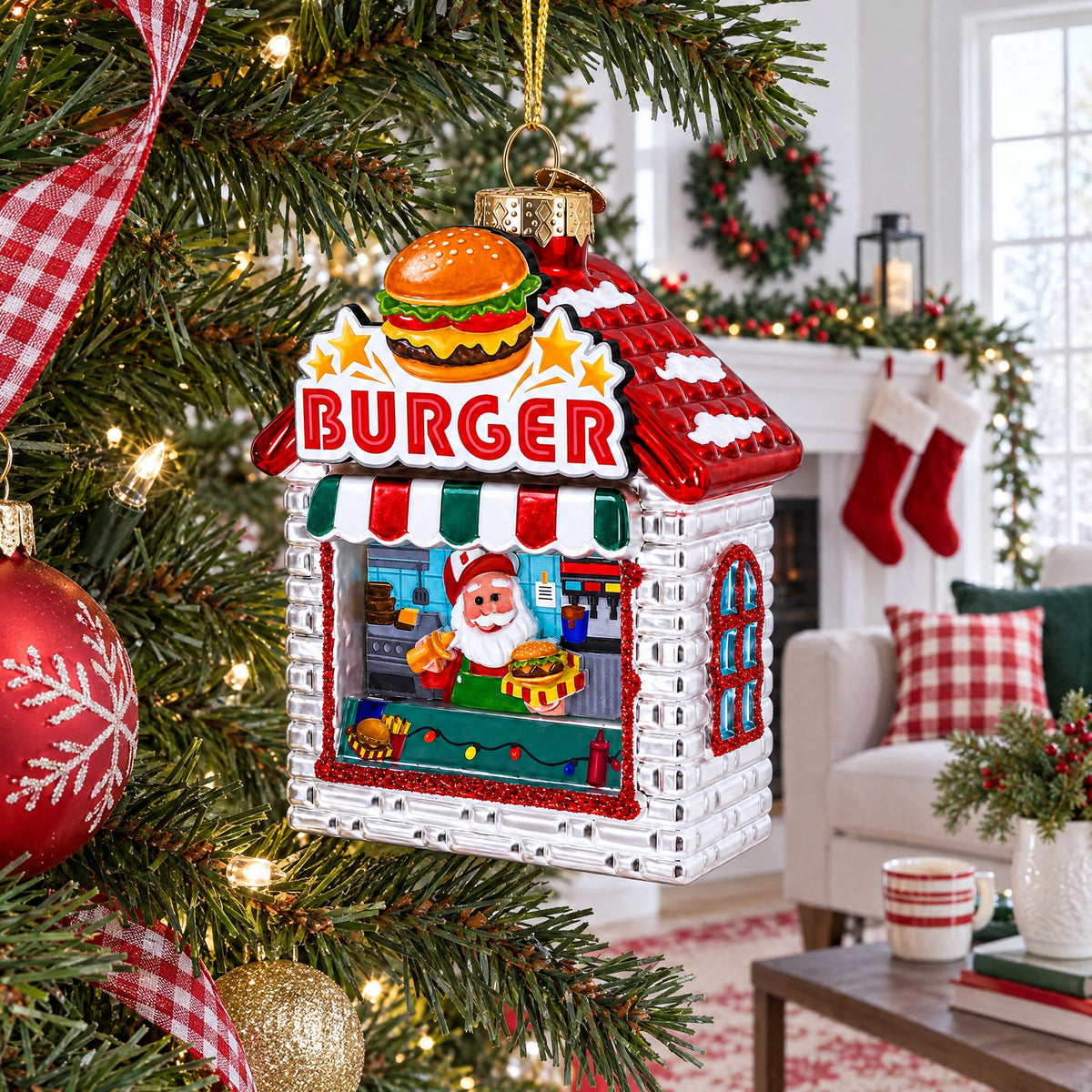 Santa’s Holiday Burger Stand Glass Christmas Ornament