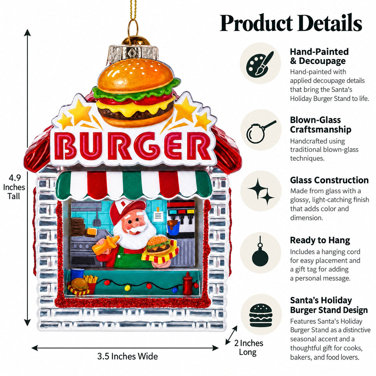 Santa’s Holiday Burger Stand Glass Christmas Ornament