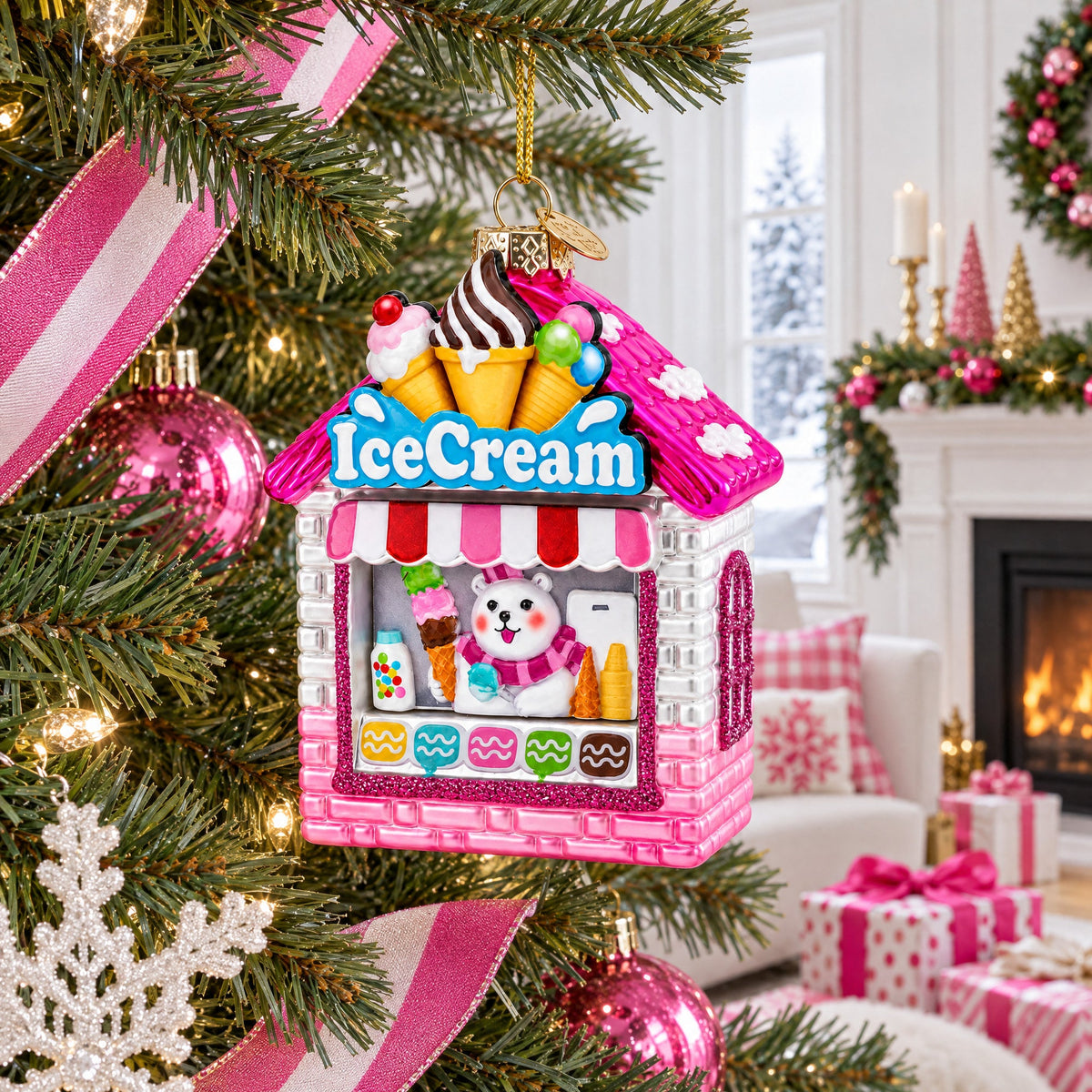 Ice Cream Shop with Polar Bear Glass Christmas Ornament