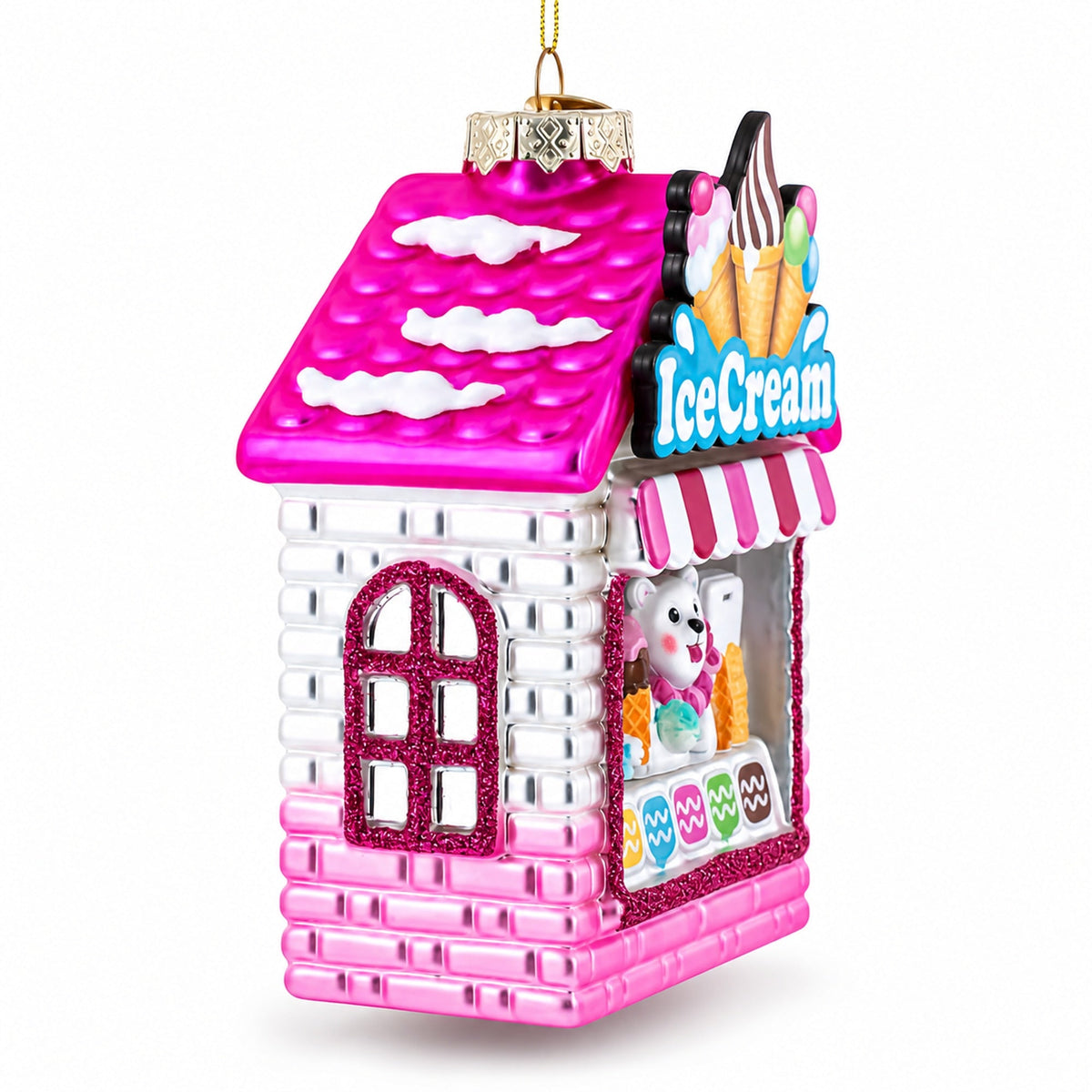 Ice Cream Shop with Polar Bear Glass Christmas Ornament