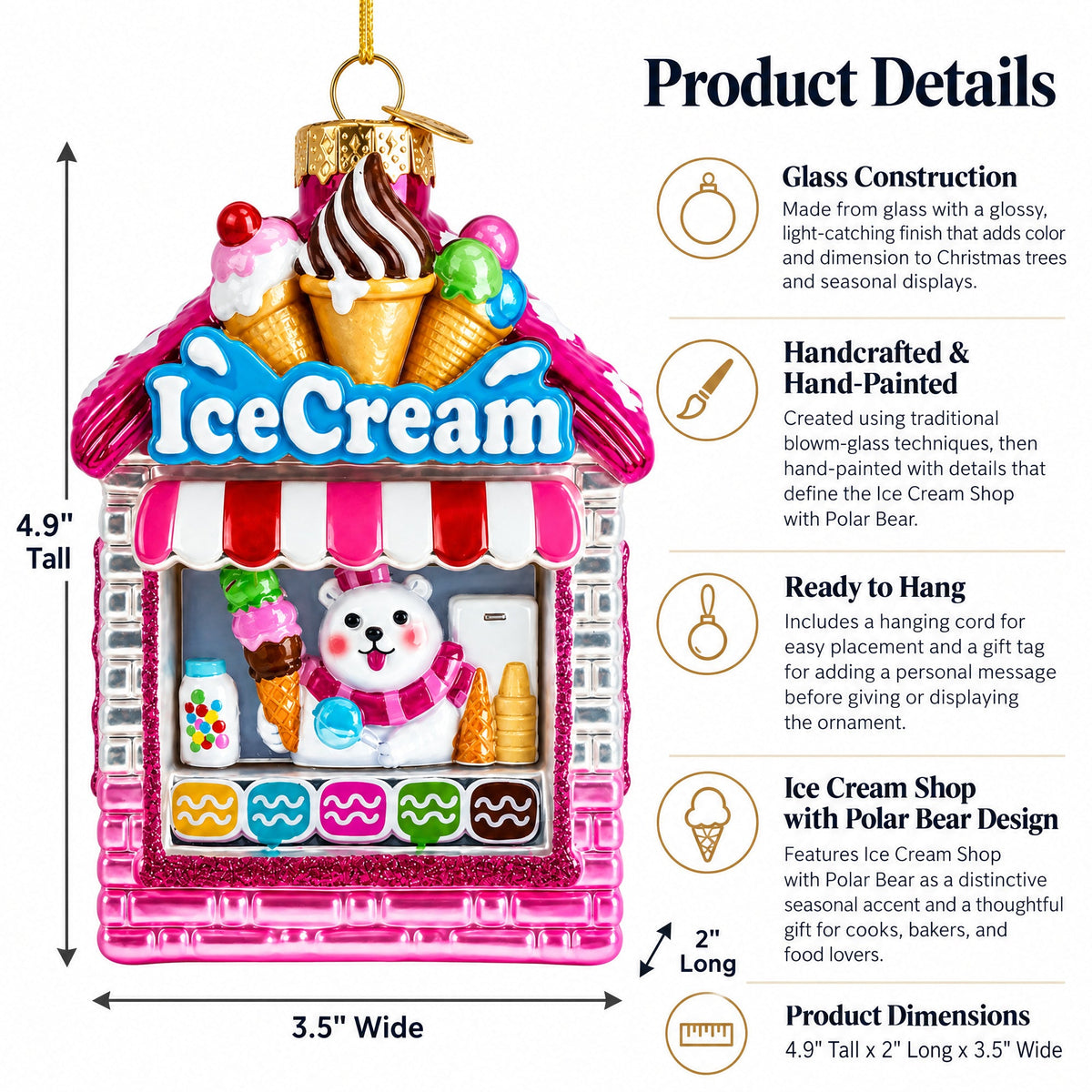Ice Cream Shop with Polar Bear Glass Christmas Ornament